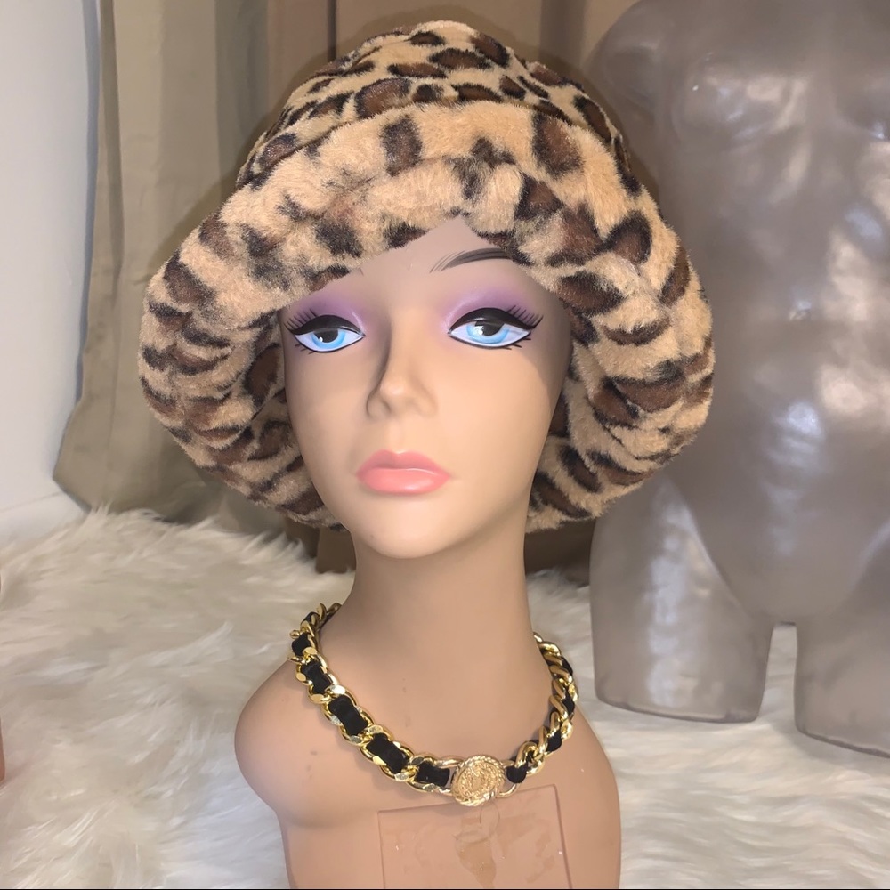 Leopard print faux fur hat